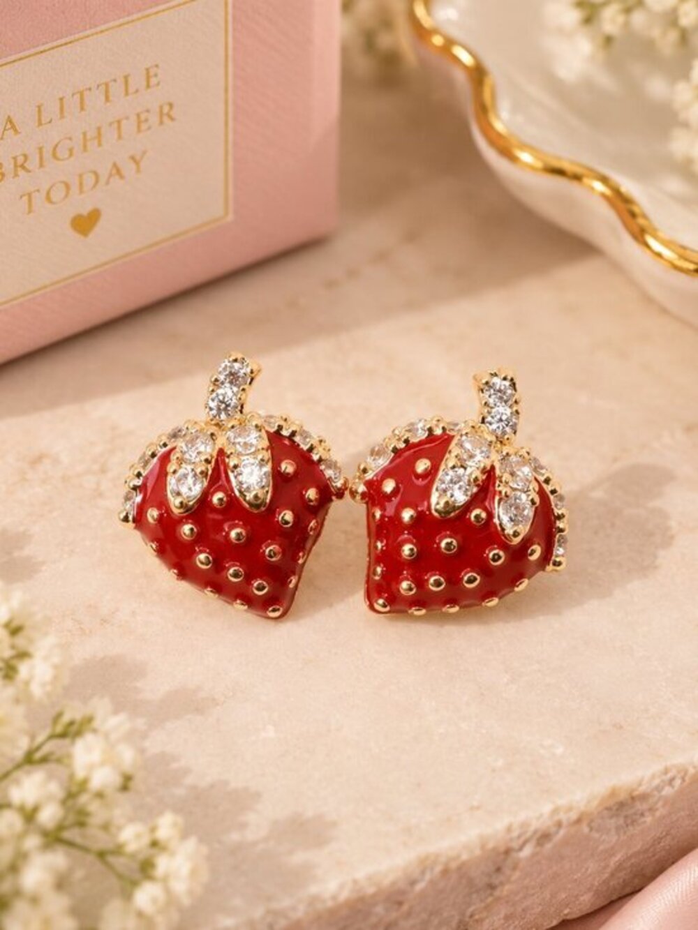 Strawberry Stud Earrings Red Enamel Crystal Gold S925 Silver Post NWT